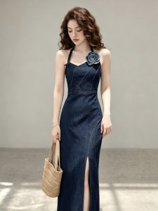Dark Blue Off-shoulder Waist-cinching Unique Dresses
