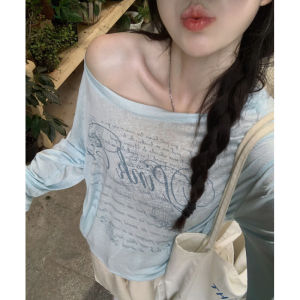YUEZHONGWEI | Blue Letter Print Off-Shoulder Ice Silk Long Sleeve T-Shirt