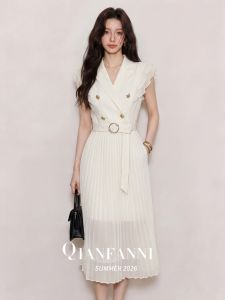 QFN | Elegant Luxury White Suit Style Dress Aesthetic Waist Pleated Midi