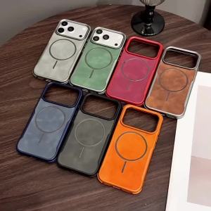 Matte PU Leather For Magsafe Magnetic Case For iPhone 17 16 15 14 13 Pro Max Air Wireless Charge Metal Lens Frame Bumper Cover
