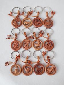 New round 3D Carving Plum Wood Keychain Zodiac Animal Sign Hanging Ornament for Safe Journey Creative Gift Chinese Style