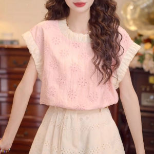 Shalldoer | Sweet Floral Hollow Out Small Flying Sleeve Shirt Womens Summer New Style Splice Personality Top Casual Style Round Neck Sleeveless