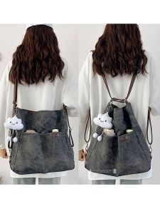 Soft Leather Denim Three-Way Womens Backpack Large Capacity Commuter Tote Crossbody Bag Student Double Shoulder Bag