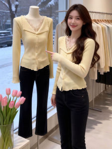 CHANGTONG | Elegant French Sweet V-neck Lace Edge Knitwear