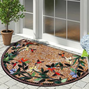 VIKAMA Semi-Circular Mosaic Non-Slip Floor Mat Vintage Floral Geometric Patchwork Patio Entry Porch Balcony High Traffic Area