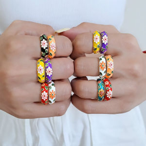 18K Gold Plated New Fashion Enamel Flower Rings Earrings for Women Vintage Boho Circle Rings Vintage Jewelry