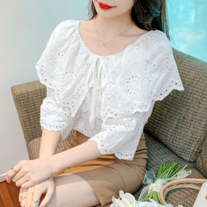 Summer 2026 Womens Lace Hollow out Seven Sleeve One Shoulder Design Sense Gored Edge Shirt Cotton Original Design Loose Fit