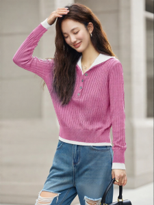 Vimly | Double-layer Color Block Knit Sweater Women Straight Collar Long Sleeve New