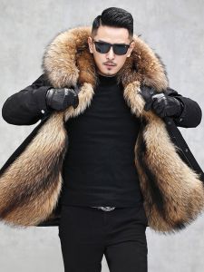 Mens Winter Coat Fox Fur Lined Removable Inner Vest Polar Fox Fur Cotton Jacket Outerwear Polyester Fiber Business Casual