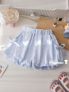 Korean Style Loose Bow Decorated Plaid Shorts