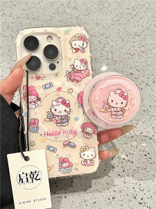 Qiguan Magnetic Absorption Hello Kitty Sandflow Cat Phone Case with Stand Cute Cartoon Design Compatible with Apple 15/14promax