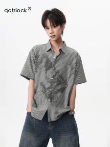 QOTRIOCK | American Retro Striped T-Shirt with Calligraphy Personage Summer