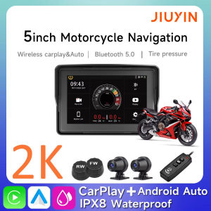 JIUYIN 2K IPX8 Motorcycle Navigation Screen 5 Inch Portable Monitor Touch Screen Waterproof Dual Camera Recorder GPS Navigation Bluetooth WIFI DVR Wireless Carplay Android Auto Motorcycle Accessories