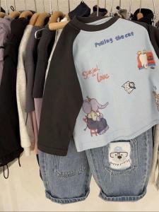 Spring Mens And Childrens Cartoon Print Cotton Long Sleeve Loose Color Block T-Shirt Korean Style round Neck Top