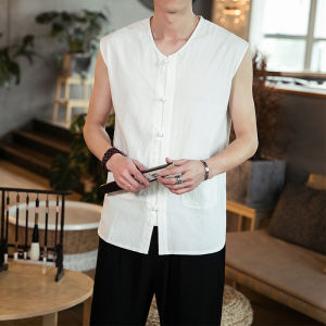Mens Chinese Style Stand Collar Vest Sleeveless T-Shirt Button Decorated Loose Fit Breathable Cotton Summer Fashion