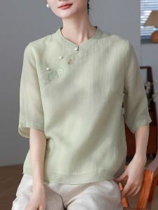 WANGGONGZHU | New Chinese Style Artistic Short Sleeve Womens Shirt Summer Elegant National Trend Stand Collar Retro T-Shirt Princess Cut