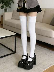 1/3/5 Pairs Women White Thigh High Socks Non-Slip Stretchy Knit Over the Knee Socks
