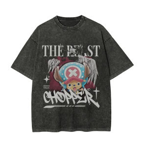 ONE PIECE Mens and Womens Washed T-Shirt Tony Tony Chopper Summer Spring  Anime Tee Retro Distressed Personality Short Sleeve