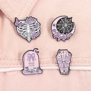 Coffin RIP Bowknot Enamel Pin Spooky Witchy Moon Spider Web Halloween Brooches Lapel Badge Pastel Goth Jewelry Gifts for Friends