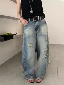 Retro High Waist Cow Slit Hole Blade Jeans Women Loose Casual Wide Leg Ground Regular-length Pants Denim Skinniness High-low Necklines for All