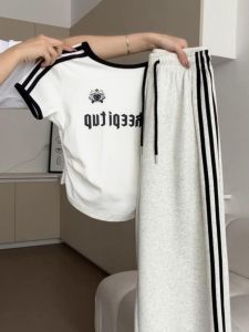 Summer Sportswear Set for Women Student Style Short Sleeve Casual Pants Two Piece Set College Trend round Neck Overhead Clothes
