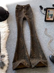 High Waist Bell Bottom Denim Jeans Womens Spring Autumn New Slim Fit Elastic Slimming Flared Pants American Retro Leopardskin