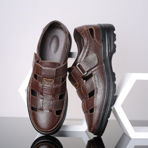 CHMOZYF Mens Summer Business Casual Genuine Leather Sandals Hollow Outsole Anti-Slip Shoes