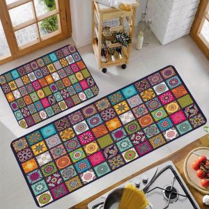 VIKAMA Moroccan-Style Kitchen Rug Vintage Multicolored Floral Pattern Non-Slip Laundry Room Mat Home Decor