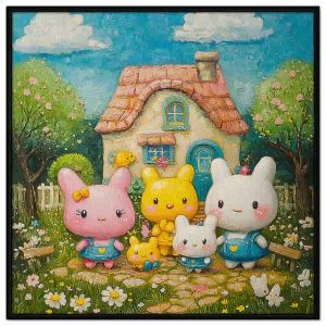 Tranh minh họa hoạt hình gia đình thỏ hạnh phúc.Tranh treo tườngdán tường nội thất.CGI-1373