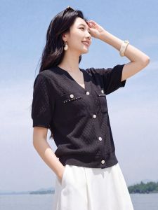 Basic House | Black Ice Silk Lightweight Short Sleeve V-neck Knit Blouse
