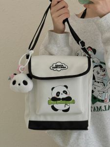 Cute Cartoon Panda Summer Crossbody Bag Womens Single Shoulder Mobile Phone Bag Student Fashion Canvas Bag Soft Square Shape