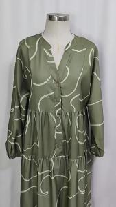 Abstract Line Print Muslim Abaya V Neck Button Front Tiered Loose Lantern Sleeve Modest Casual Maxi Dress Ramadan Eid Daily Wear