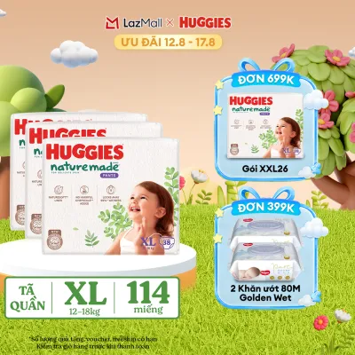 [12-17.08 QUÀ TẶNG ĐƠN 399K] Combo 3 Tã/Bỉm quần HUGGIES PLATINUM NatureMade XL38 (12-18kg)-Gói Jumbo 38 miếng