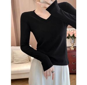 เสื้อยืดแขนยาวบุขนแกะลำลองไซส์ใหญ่สำหรับผู้หญิง เสื้อชั้นในฤดูใบไม้ร่วง ทรงเข้ารูป ปกโปโล สีพื้น ผ้าฝ้ายผสม