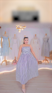 เดรสสายเดี่ยวลายทางผู้หญิงสไตล์เกาหลีใส่สบาย คอสี่เหลี่ยม ผ้าโพลีเอสเตอร์