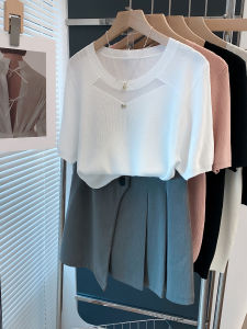 Loose Fit round Neck Ice Silk Knitted Top Short Sleeve T-Shirt Womens Spring Summer New Style Korean Version Straight Cut