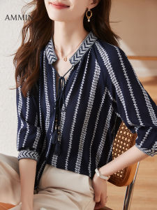 Ammin 2023 mùa thu mới cổ chữ V đính nơ dài tay đi lại áo cánh vải voan phong cách Hàn Quốc Cổ Điển Sọc in một Áo cardigan ôm ngực Áo Blouse thanh lịch