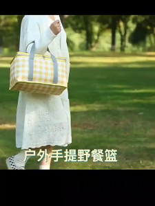 Insulated Picnic Basket Picnic Insulated Bag Thickened Waterproof Fabric Bakul Berkelah Bertebat Retro Checkered