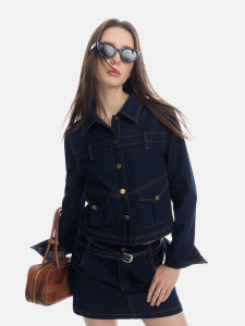 Segi Original Design Retro Faux Denim Short Jacket Color Block Casual Womens Top Spring New Style Polyester Blend Long Sleeve