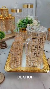 Acrylic Water Jug Pitcher Set 6 pcs Tumbler Crystal Clear Design Golden Square Line /Candy Canister Balang Kueh Keemasan
