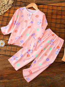 Childrens Cotton Silk Sleepwear Summer Thin Home Clothes Set Girl Baby Air Conditioning Suit round Neck Long Sleeve Cartoon Print