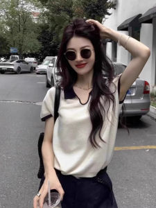SHUQINGLAI | Knit Polo Shirt Womens Summer Short Sleeve V-Neck