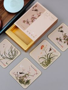 Creative Business Souvenir Silk Bird And Flower Themed Coaster in Gift Box Unique Cultural Product for Foreign Friends