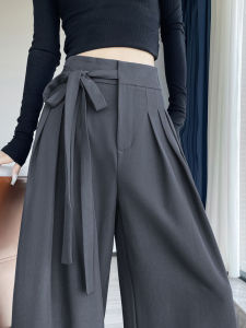Quần Ống Rộng Màu Xám Cho Nữ Mùa Xuân Thu Thiết Kế Cảm Giác Thắt Lưng Cao Quần Dài Rộng Rãi Thường Ngày Dài Đến Sàn