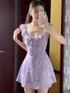 Unique Beautiful Floral Print Halter Dress Sister Style Summer Fashion Youthful Skirt Sleeveless U-Neckline Regular Thickness