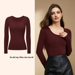 MiiOW | Áo thun nữ cổ tròn chống tĩnh điện giữ nhiệt có đệm ngực mùa thu đông mờ pha trộn polyester cotton nylon
