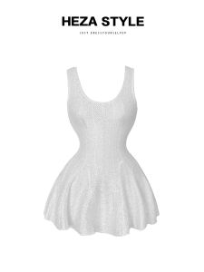 HEZA Elegant Beaded Strap Dress Womens Summer Slimming Waist Gown Korean Style A-Line Short Skirt No Sleeve Casual Wear