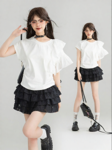 KEIKO | Áo Thun Trắng Tay Voan Không Đối Xứng