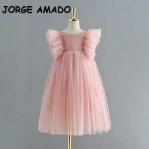 Summer Baby Girl Flower Dress Round Collar Beige Pink Flare Sleeves Princess Dresses Party Wedding Formal Clothes E90130