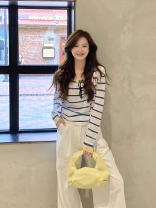 plus Size Womens Fashionable Striped Knitwear Pants Three-Piece Set Autumn Wear Long Sleeve round Neck Polyester Casual